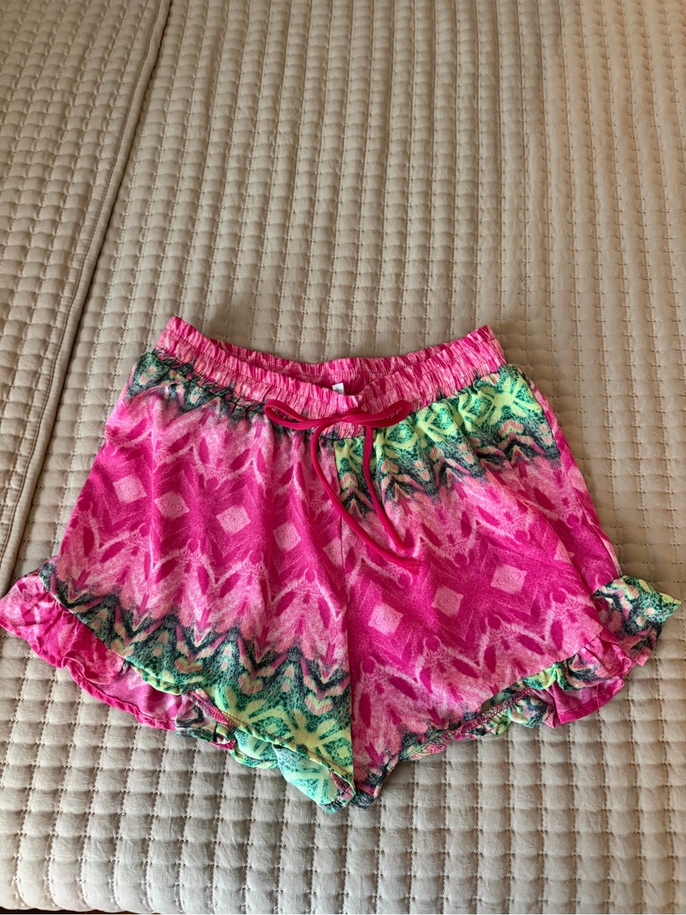 Auditions Pink Ruffle Lounge Shorts with Green Accents